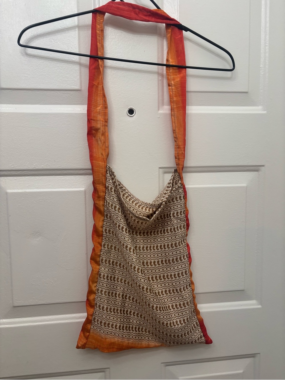 Raj Silk Sari Boho Tote Cream Printed Shoulder Bag with Orange-Red Straps